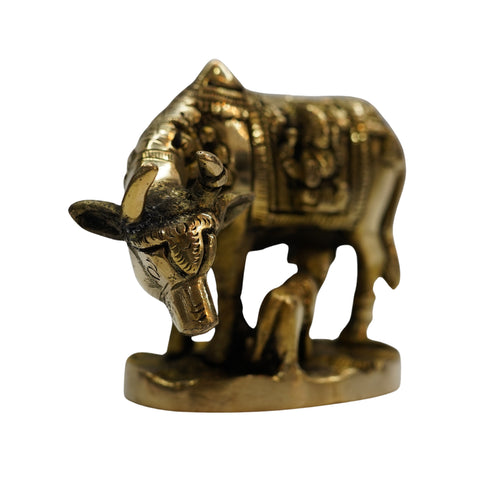 Brass Kamdhenu Cow and Calf Sculpture 929g
