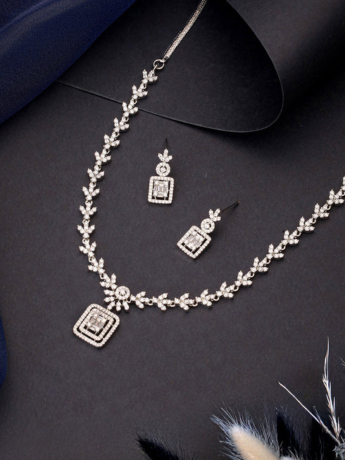White Rhodium Cubic Zircon Studded Delicate Square Pendant Necklace Jewellery Set