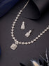 White Rhodium Cubic Zircon Studded Delicate Square Pendant Necklace Jewellery Set
