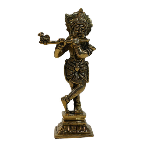Brass Lord Krishna Playing Flute Statue 538g