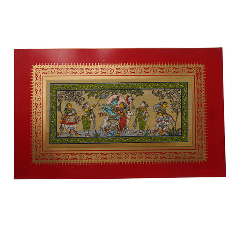 Palm Leaf Handmade Painting of Lord Krishna And Radha with Cow