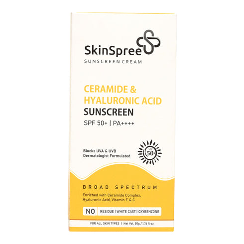 Style Make SkinSpree Ceramide & Hyaluronic Acid Sunscreen Cream 50g SPF 50 PA for UVA B & Blue Light Protection Fragrance Free & Color Free For Glowing & Hydrating Skin Broad Spectrum