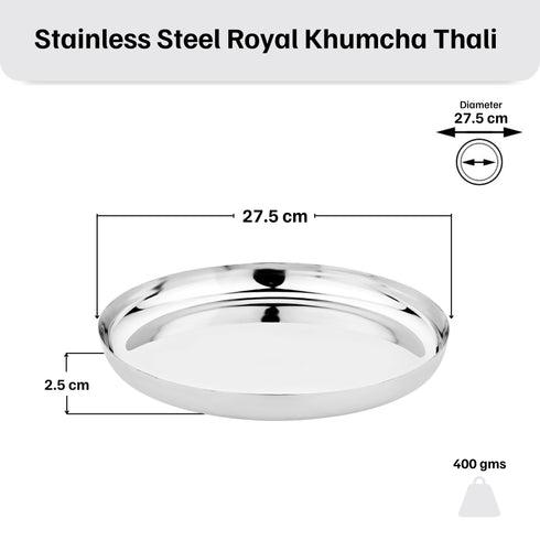 Vinod Stainless Steel Royal Hammered Khumcha Thali Set of 2 27.5 Lunch Plate Dinner Plate High Grade Stainless Steel Rust Free