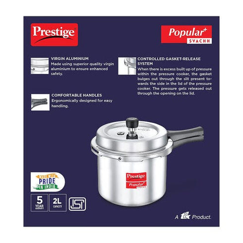 Prestige Popular Plus Svachh Virgin Aluminium Gas And Induction Compatible Pressure Cooker Silver 2 L