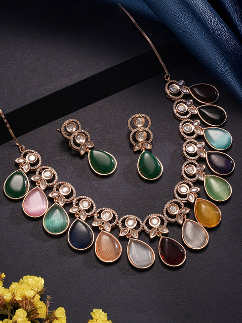 Gold Plated Navratan Multicoloured Kundan Studded Layered Floral Designer Jewellery Set