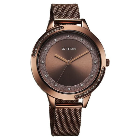 Titan Razzle Dazzle Quartz Analog Brown Dial Stainless Steel Mesh Strap Watch For Women
