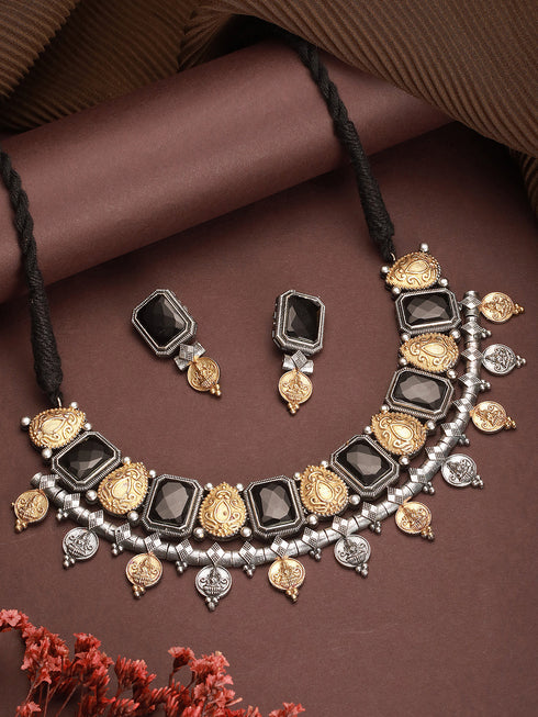 Oxidised Dual Toned Black Stone Studded Contemporary Tribal Lakshmiji Motif Choker Jewellery Set