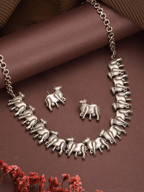 Oxidised Silver Toned Statement Tribal Nandi Choker Jewellery Set