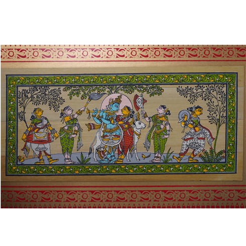 Palm Leaf Handmade Painting of Lord Krishna And Radha with Cow
