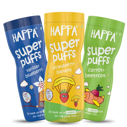 Happa Vanilla Blueberry and Carrot Beetroot and Strawberry Banana Baby Puffs