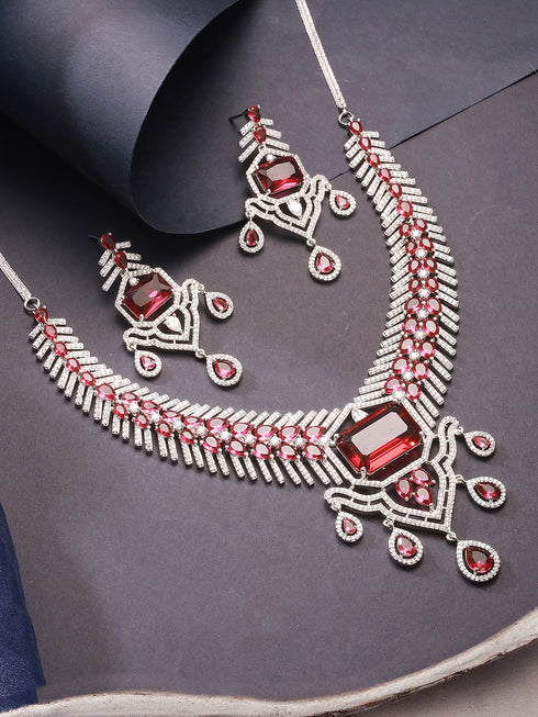 Silver Plated Ruby Red AD Studded Statement Royal Necklace Jewellery Set