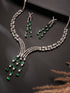 Silver Toned Emerald Green Zircon AD Studded Layered Bridal Drop Designer Statement Necklace Jewellery Set