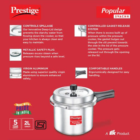 Prestige Popular Svachh Virgin Aluminium Gas And Induction Compatible Pressure Cooker Silver 2 L