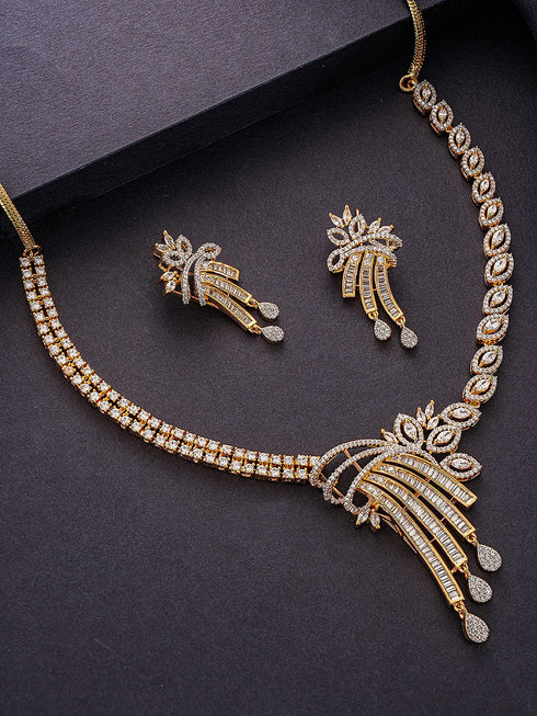 Gold Toned White AD Zircon Studded Peacock Motif Contemporary Necklace Jewellery Set