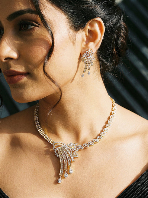 Gold Toned White AD Zircon Studded Peacock Motif Contemporary Necklace Jewellery Set