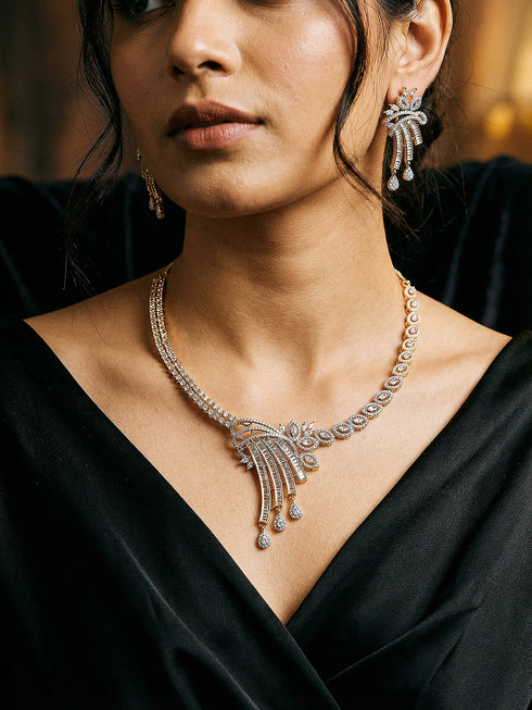 Gold Toned White AD Zircon Studded Peacock Motif Contemporary Necklace Jewellery Set