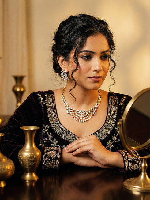 Gold Toned White AD Zircon Studded Long Haram Chain Necklace Jewellery Set