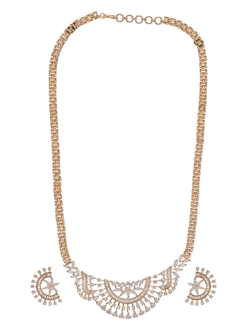 Gold Toned White AD Zircon Studded Long Haram Chain Necklace Jewellery Set