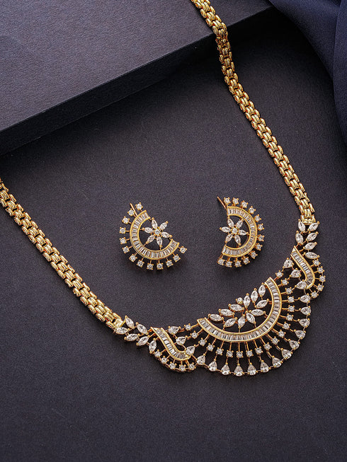 Gold Toned White AD Zircon Studded Long Haram Chain Necklace Jewellery Set
