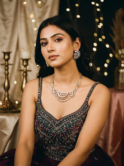 Gold Toned White AD Zircon Studded Long Haram Chain Necklace Jewellery Set