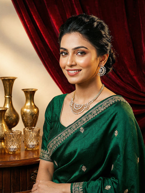 Gold Toned White AD Zircon Studded Long Haram Chain Necklace Jewellery Set