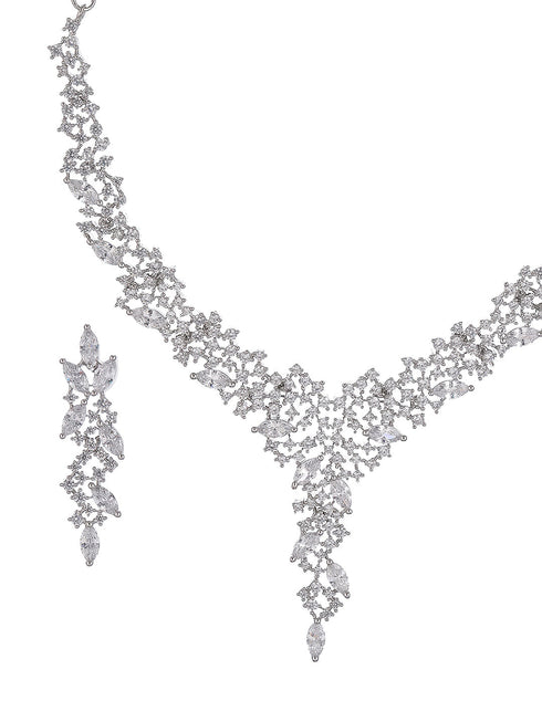 Silver Toned White AD Zircon Statement Cocktail Necklace Jewellery Set