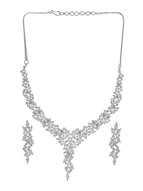 Silver Toned White AD Zircon Statement Cocktail Necklace Jewellery Set