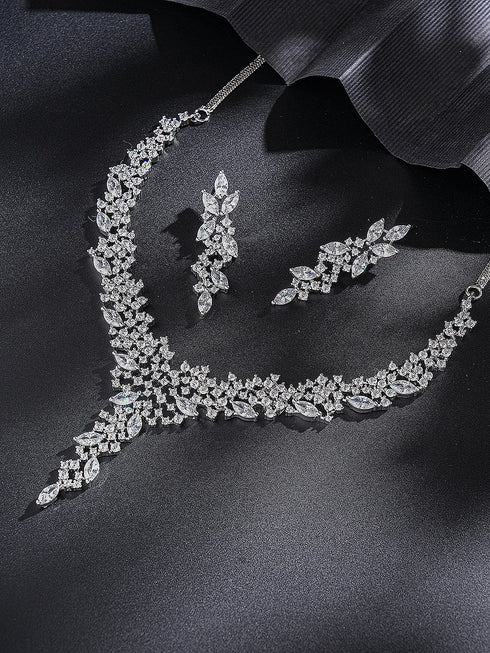 Silver Toned White AD Zircon Statement Cocktail Necklace Jewellery Set
