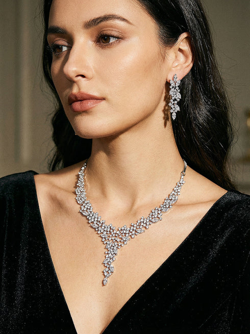 Silver Toned White AD Zircon Statement Cocktail Necklace Jewellery Set