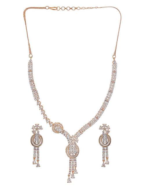 Gold Toned White AD Zircon Knotted Statement Pendant Jewellery Set