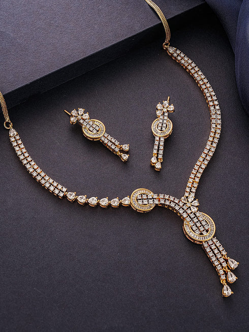 Gold Toned White AD Zircon Knotted Statement Pendant Jewellery Set