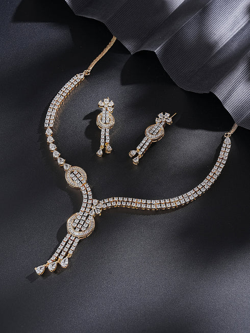 Gold Toned White AD Zircon Knotted Statement Pendant Jewellery Set