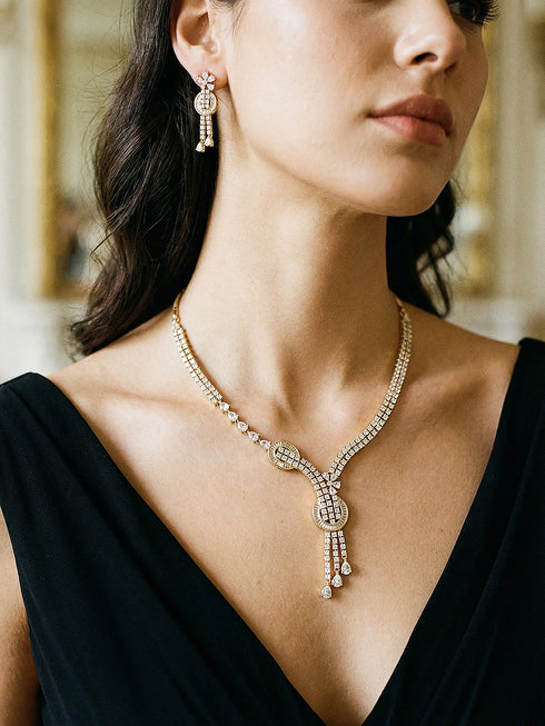 Gold Toned White AD Zircon Knotted Statement Pendant Jewellery Set