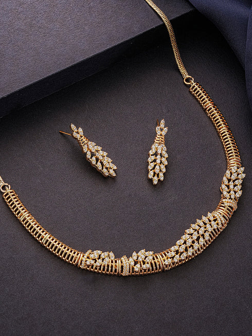 Gold Plated CZ Leaf Motif Delicate Necklace Jewellery Set