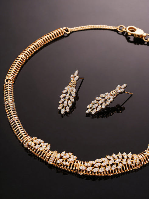 Gold Plated CZ Leaf Motif Delicate Necklace Jewellery Set