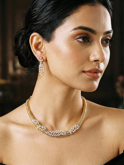 Gold Plated CZ Leaf Motif Delicate Necklace Jewellery Set