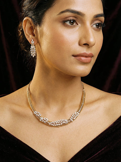 Gold Plated CZ Leaf Motif Delicate Necklace Jewellery Set