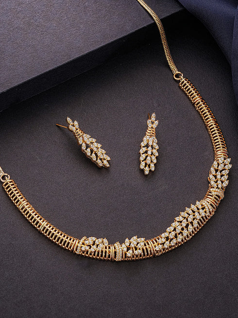 Gold Plated CZ Leaf Motif Delicate Necklace Jewellery Set