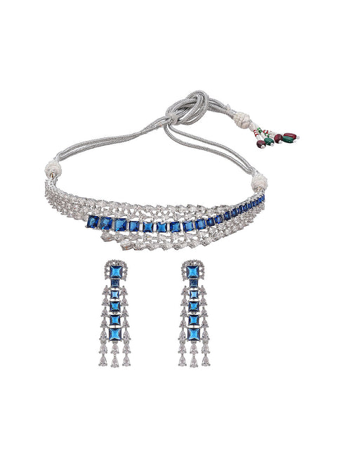 Silver Toned Sapphire Blue AD Contemporary Statement Choker Jewellery Set