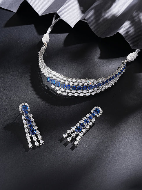 Silver Toned Sapphire Blue AD Contemporary Statement Choker Jewellery Set