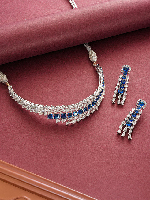 Silver Toned Sapphire Blue AD Contemporary Statement Choker Jewellery Set