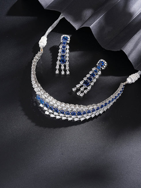 Silver Toned Sapphire Blue AD Contemporary Statement Choker Jewellery Set