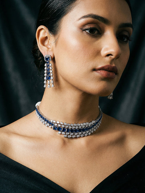 Silver Toned Sapphire Blue AD Contemporary Statement Choker Jewellery Set
