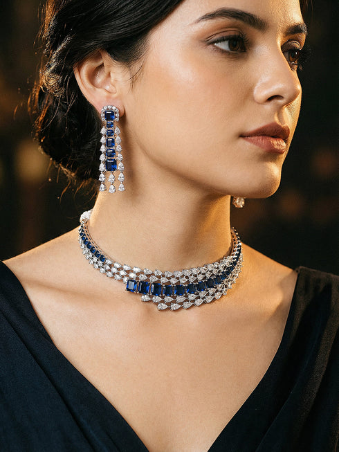 Silver Toned Sapphire Blue AD Contemporary Statement Choker Jewellery Set