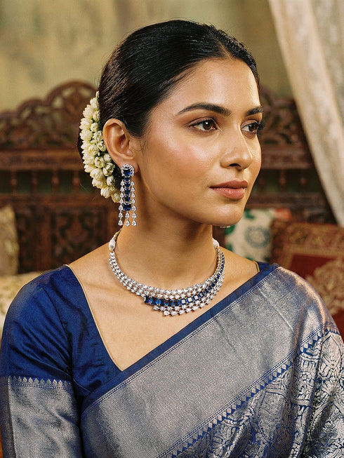 Silver Toned Sapphire Blue AD Contemporary Statement Choker Jewellery Set