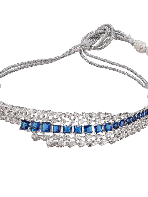 Silver Toned Sapphire Blue AD Contemporary Statement Choker Jewellery Set