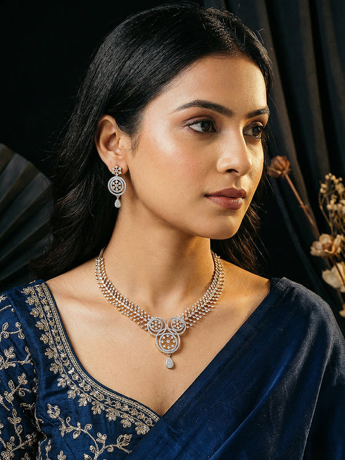 Gold Toned White AD Zircon Studded Floral Statement Jewellery Set