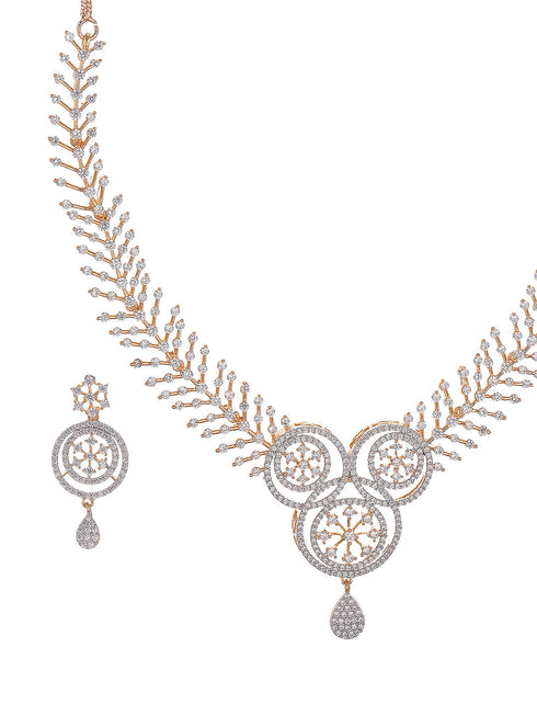 Gold Toned White AD Zircon Studded Floral Statement Jewellery Set
