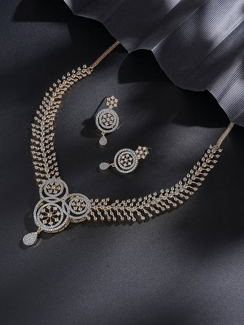 Gold Toned White AD Zircon Studded Floral Statement Jewellery Set