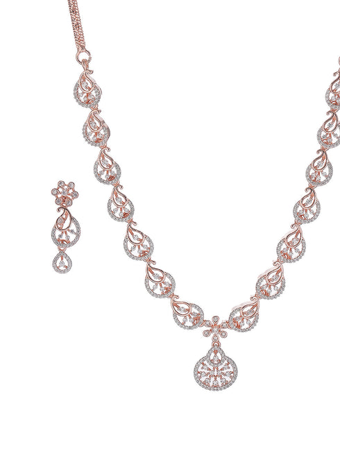 Rose Toned White AD Zircon Studded Mango Design Statement Jewellery Set